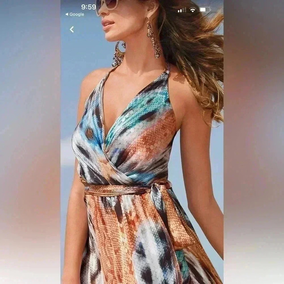 Boston Proper Snake print Criss Cross Open Back High Slit Belted Maxi dress Sz 8 - Picture 5 of 16